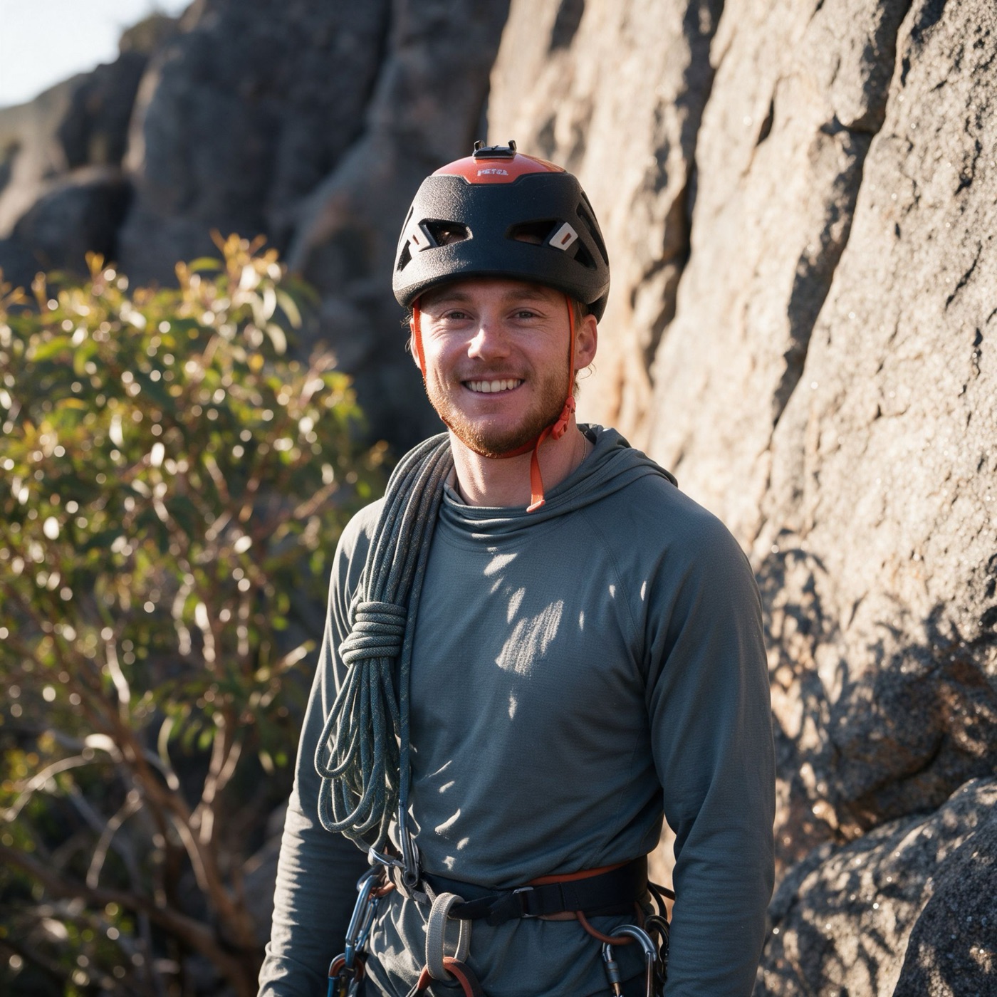 Evan smiling at a granite crag in the Perth Hills, helmet on and a rope over his shoulder.