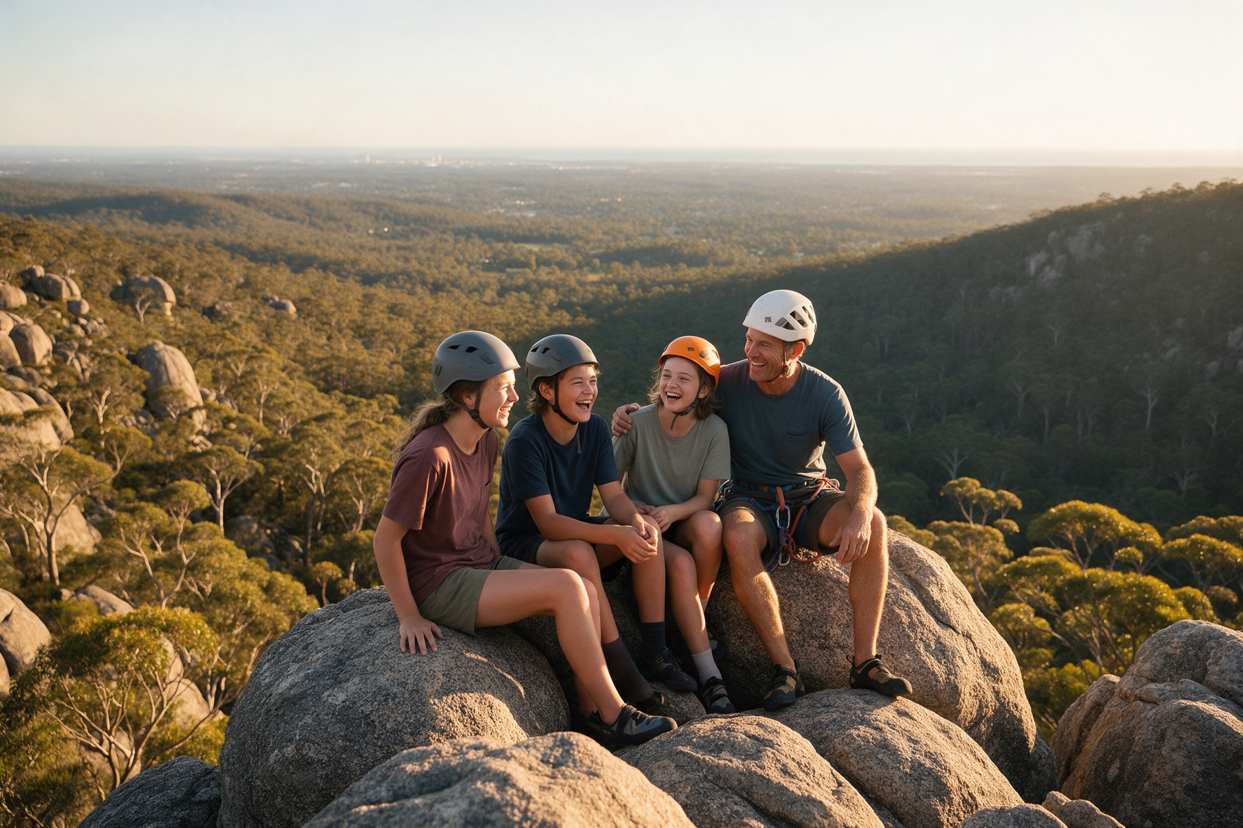 A family and their guide sitting on boulders at golden hour above a forested valley.