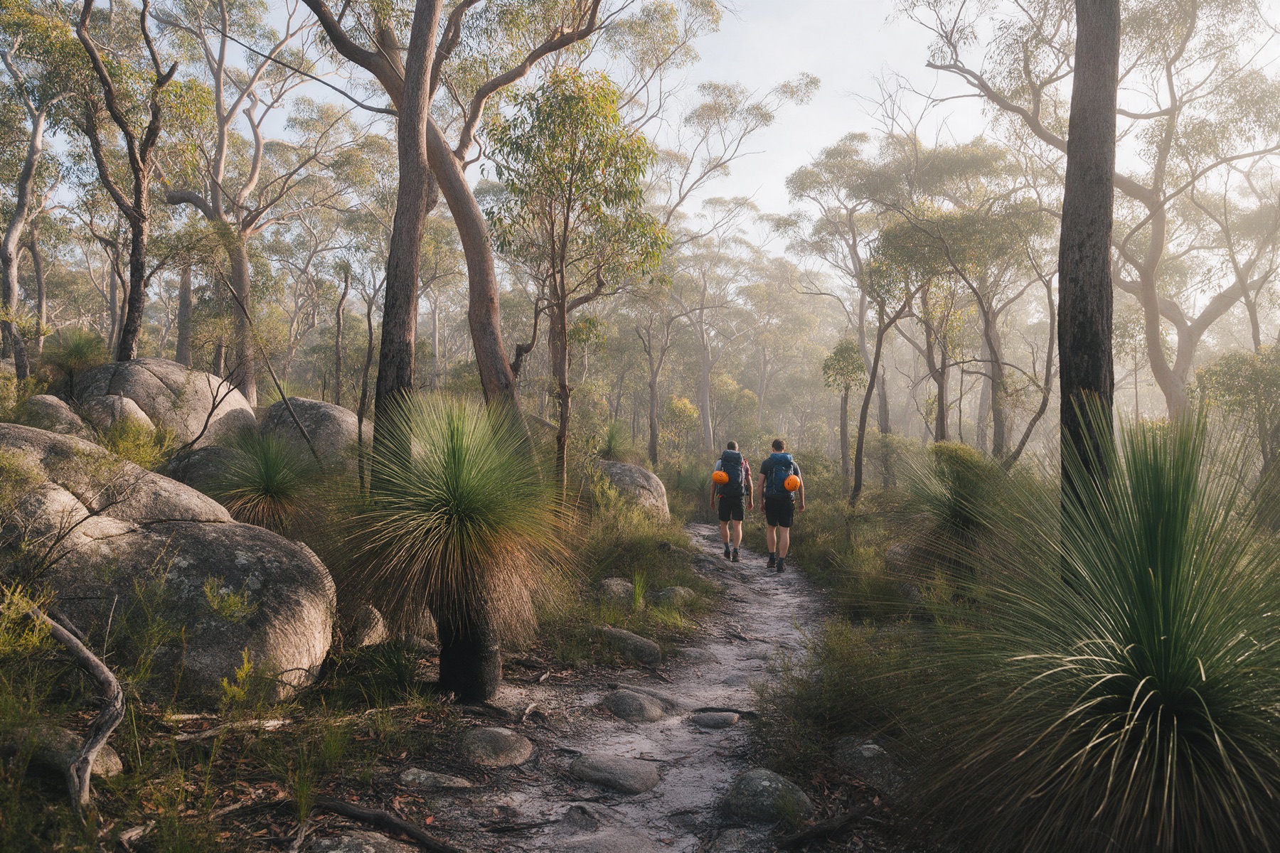 A bush track through jarrah forest and grass trees, two hikers in helmets walking in.
