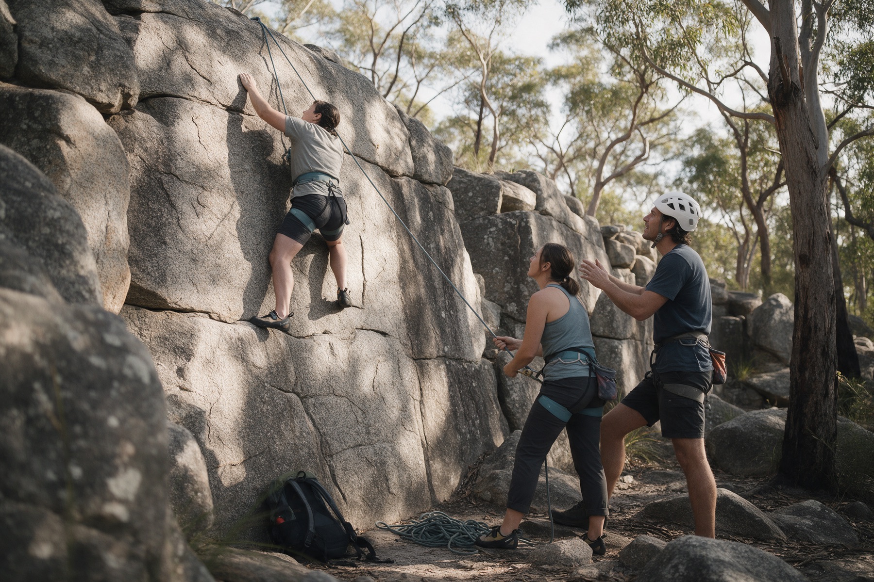 A small group at a low granite wall while a guide coaches a belayer.
